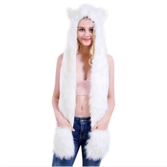 Faux Fur Hat Hood Scarf Full Pockets Ear Flat Cap Hoodie Winter Party Costume main image 4